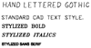 Figure 4.79 - Comparison of hand-lettered text with some of the different text styles available with CAD (43,209 bytes)